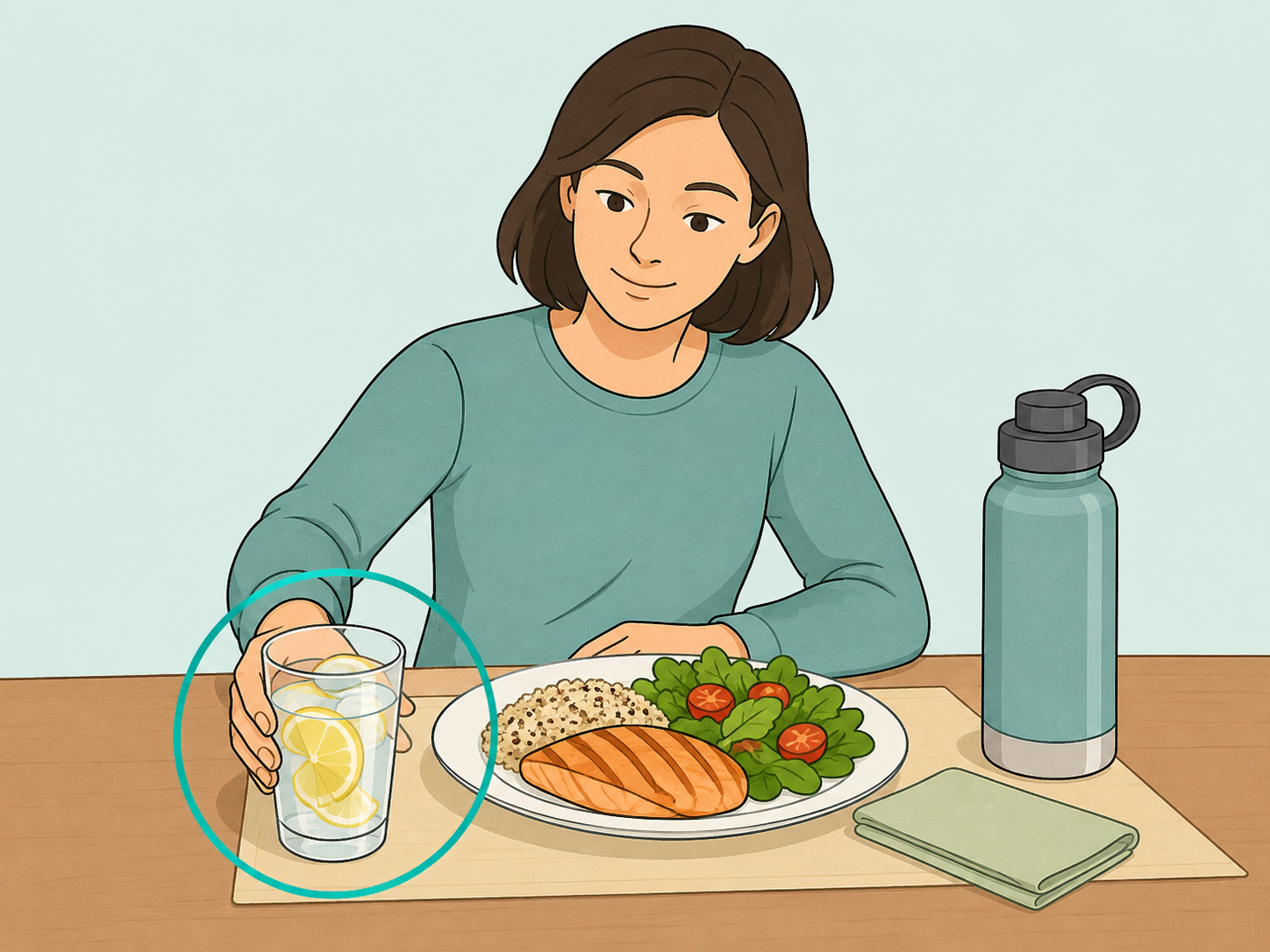A glass of lemon water set with a meal and water bottle.