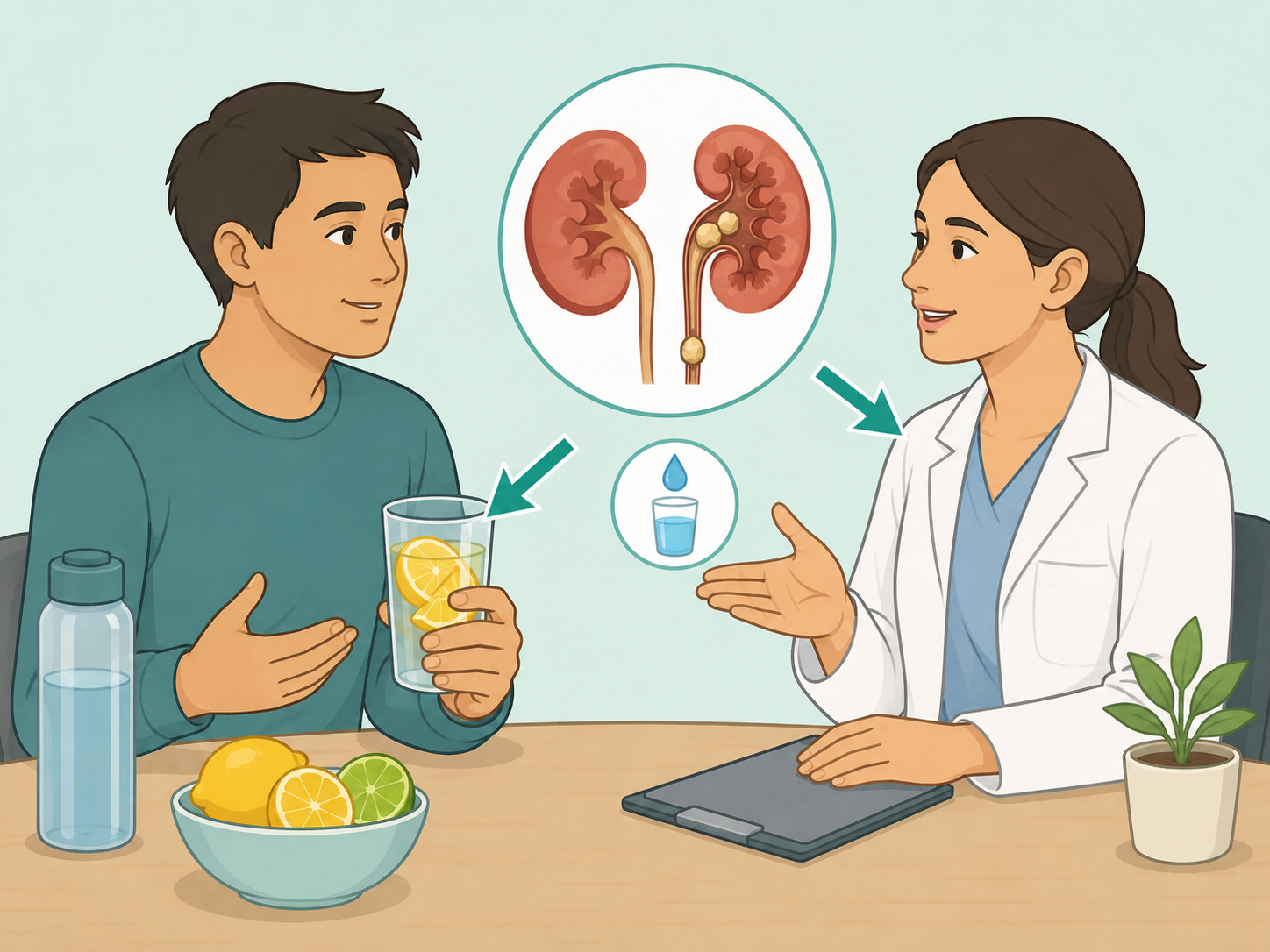 A person asking a healthcare professional about citrus water and kidney stone prevention.
