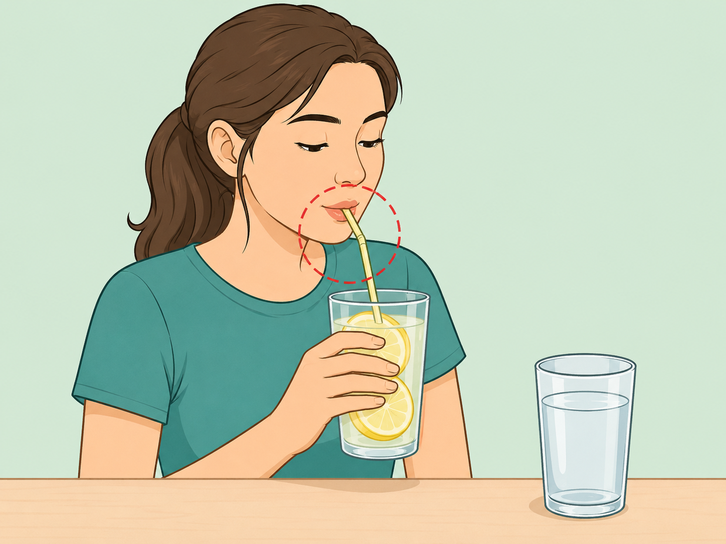 A person drinking lemon water through a straw to reduce tooth contact.