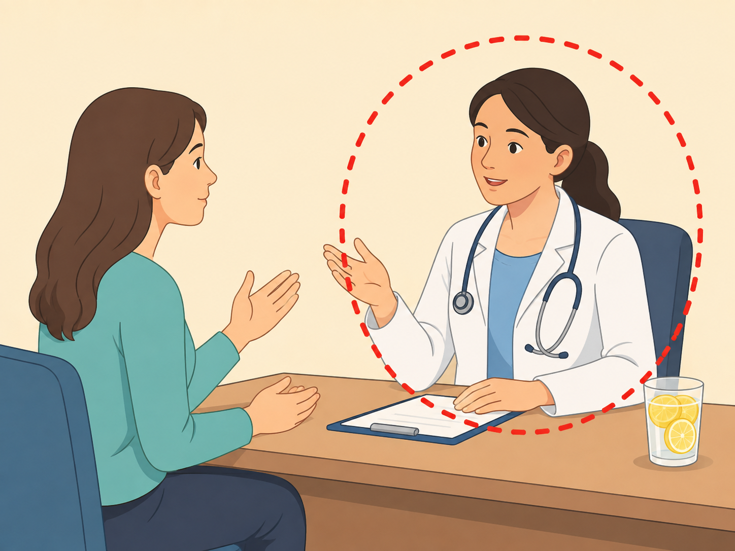 A person checking with a doctor about symptoms instead of relying on lemon water.