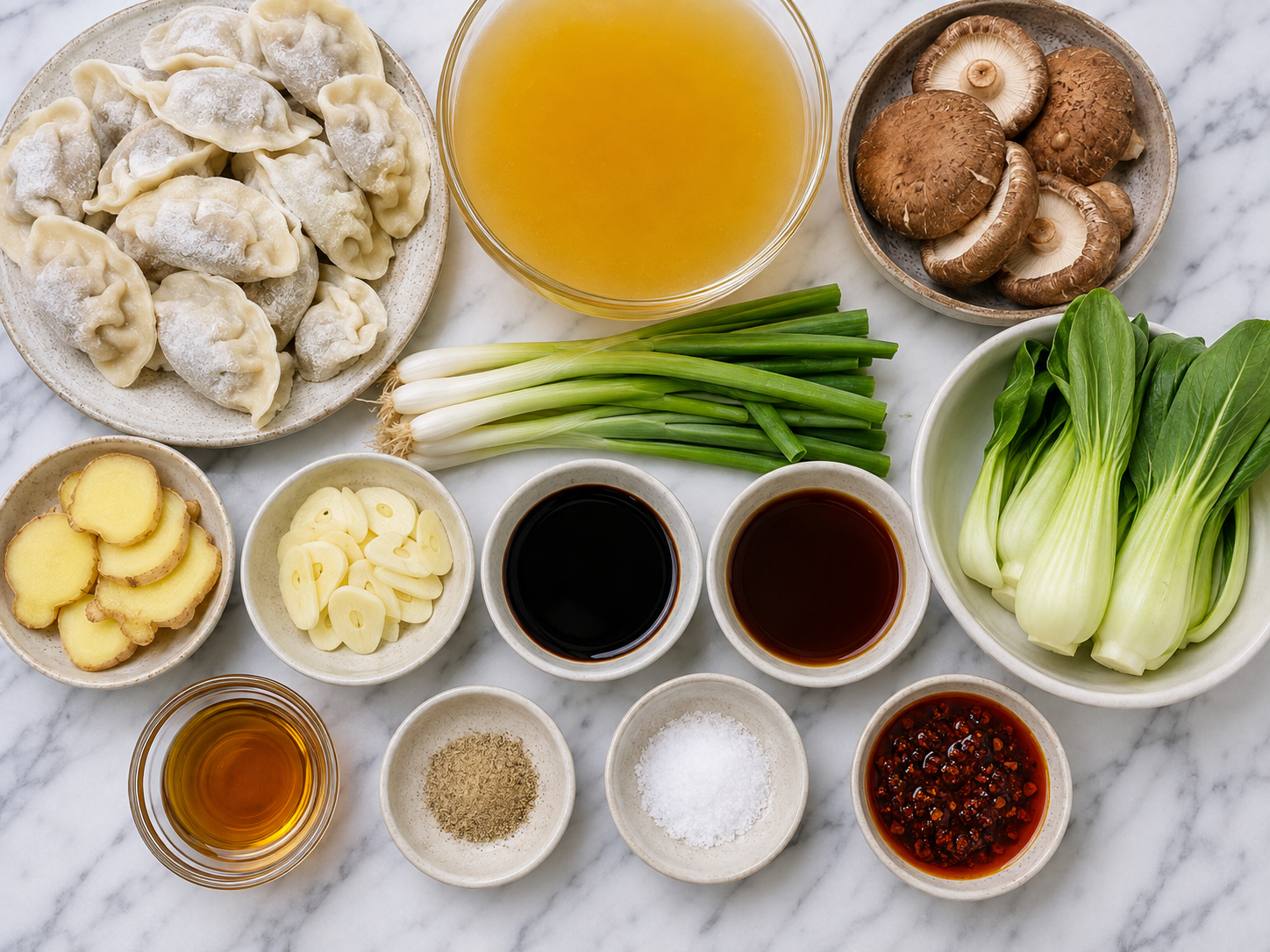 Ingredients for dumpling soup with frozen dumplings, bok choy, mushrooms, and ginger