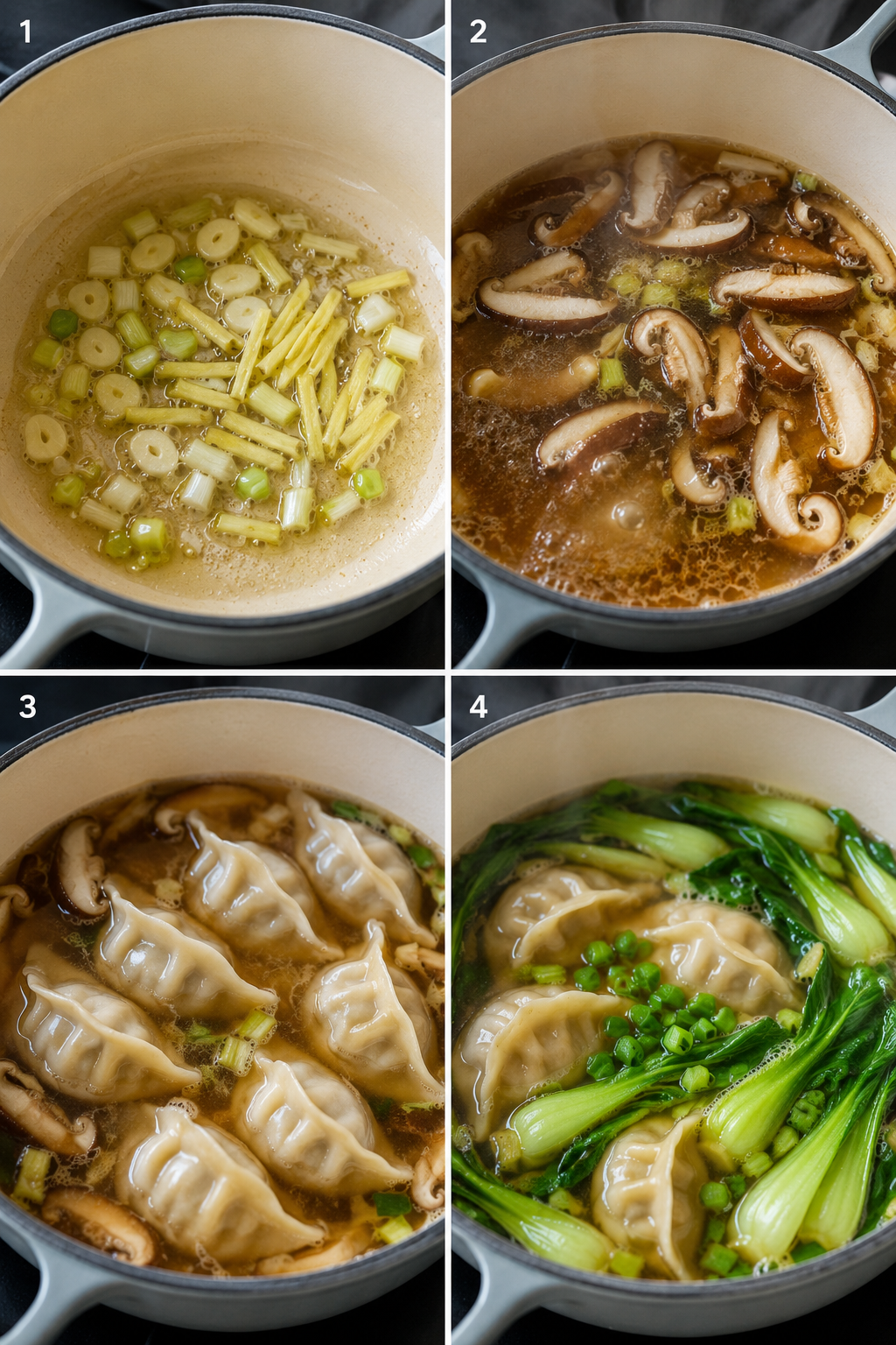 Four cooking steps for dumpling soup from aromatics to bok choy