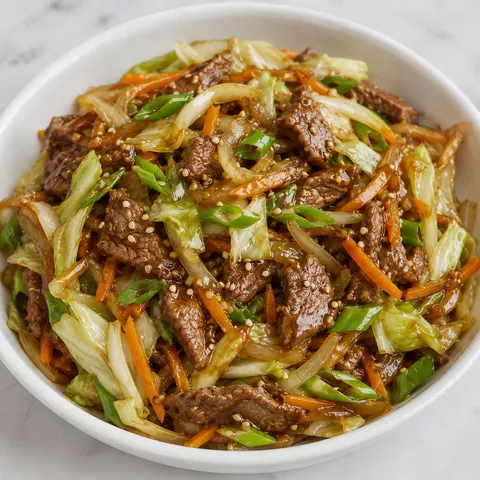 Beef cabbage stir-fry with carrots, green onions, and sesame seeds