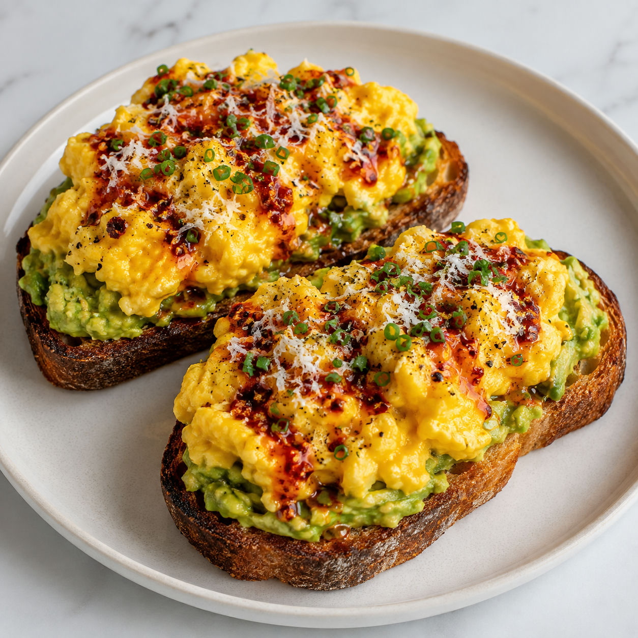 Spicy avocado breakfast toast with chili oil eggs, Parmesan, and chives