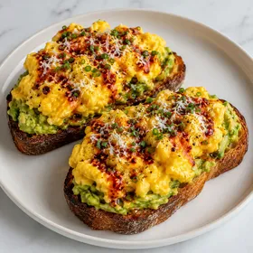 Spicy avocado breakfast toast with chili oil eggs, Parmesan, and chives