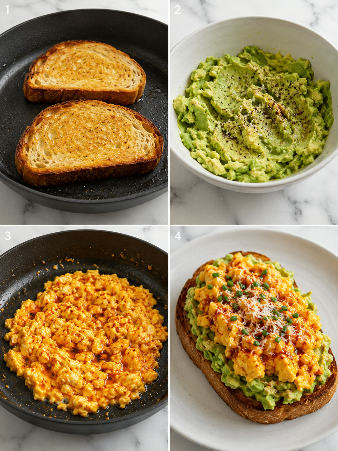 Four steps for making spicy avocado toast with chili oil scrambled eggs