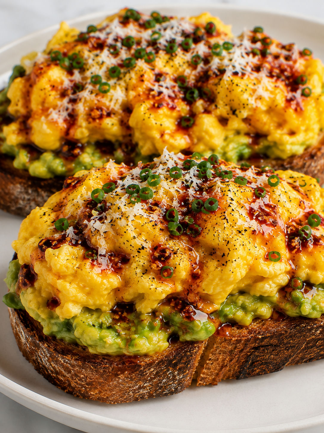 Spicy avocado toast with soft chili oil eggs, Parmesan, and chives