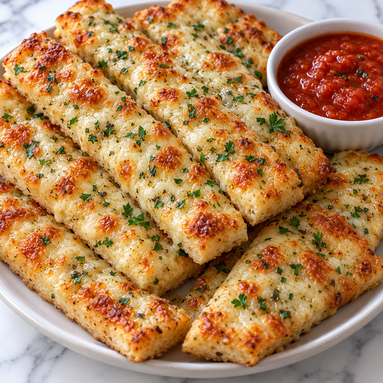 Cheesy garlic breadsticks with parsley and marinara sauce