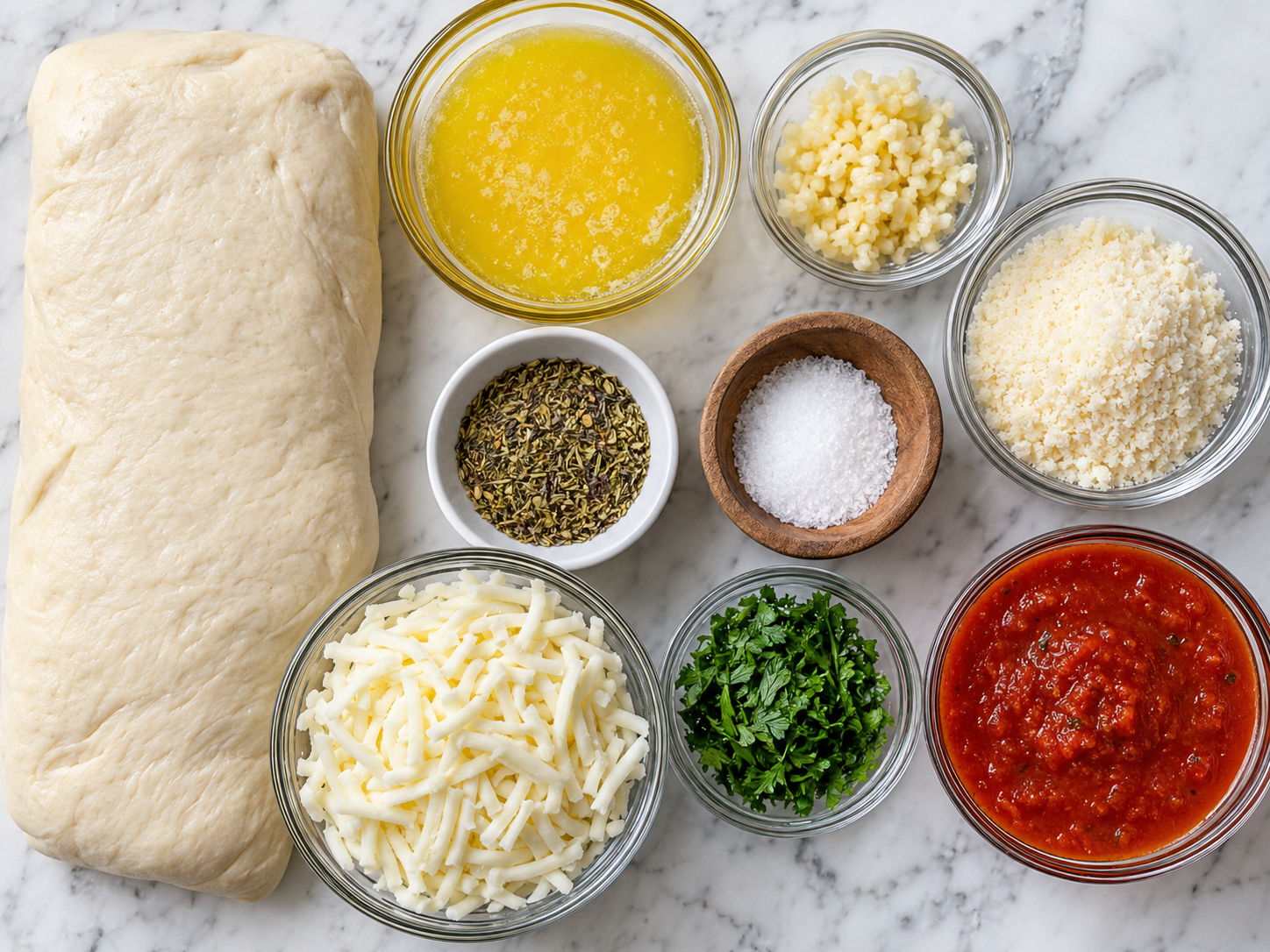 Pizza dough, cheeses, garlic butter, herbs, and marinara for breadsticks