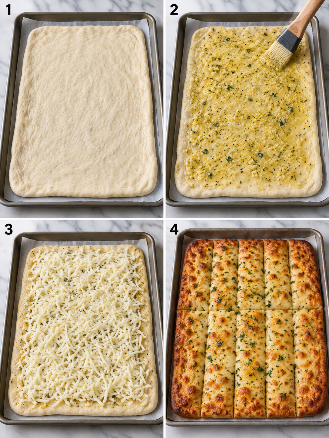 Four steps for making cheesy garlic breadsticks