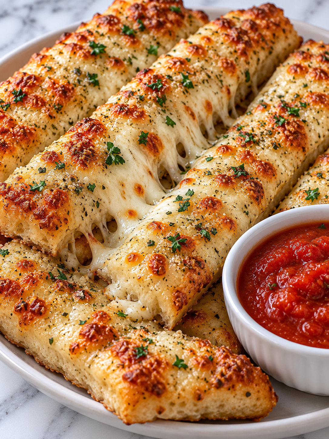 Gooey cheesy garlic breadsticks with parsley and marinara