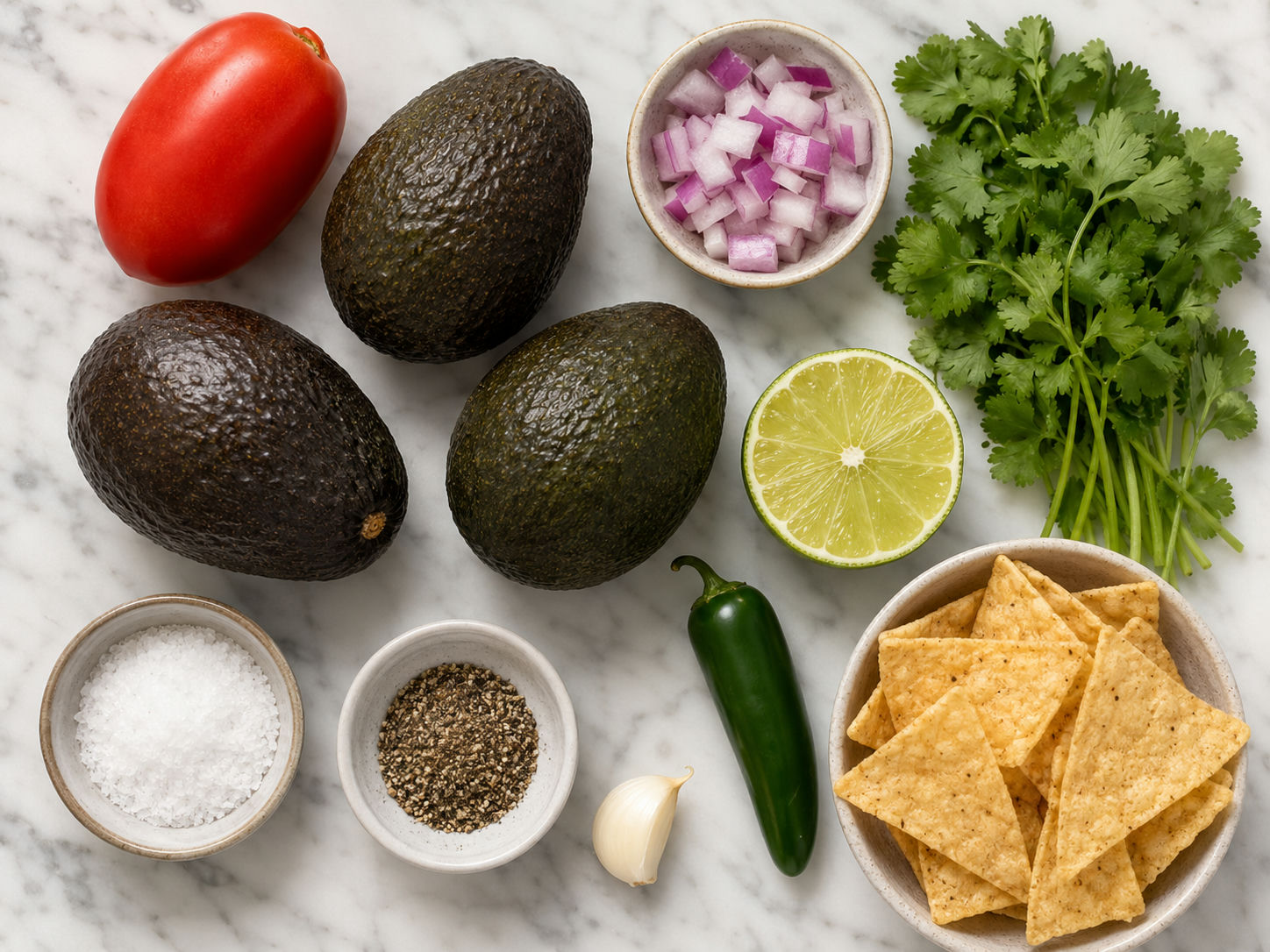 Raw ingredients for classic guacamole with avocados, lime, tomato, and cilantro