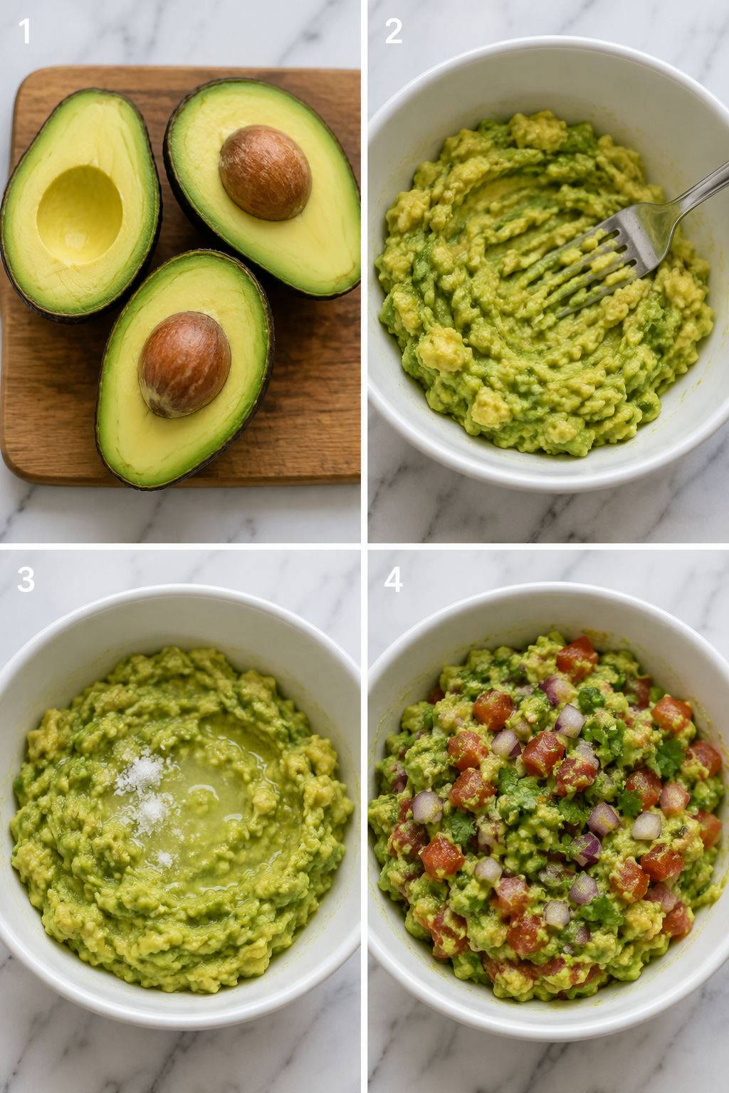 Four steps for making classic guacamole from avocado prep to folding mix-ins