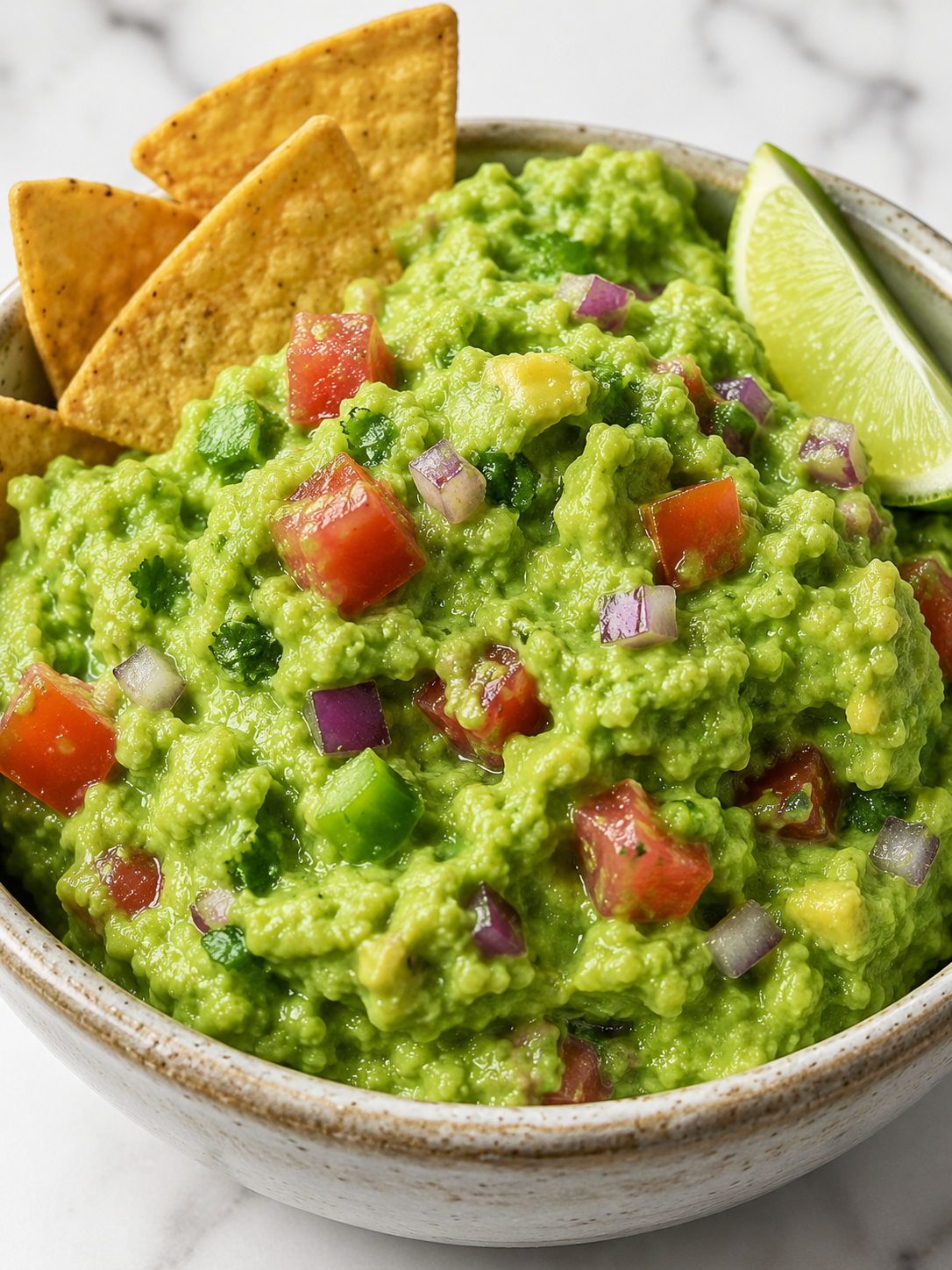 Classic guacamole in a ceramic bowl with chips, cilantro, tomato, and lime
