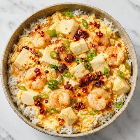 Silken tofu eggs and shrimp over rice with chili sauce and green onions