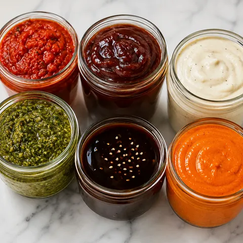 Six homemade sauces in glass jars with basil, pesto, and glossy glazes