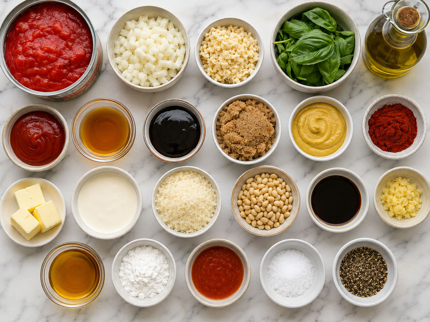 Ingredients for homemade sauces arranged on a light wooden counter