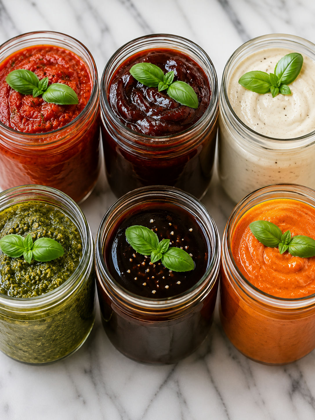 Six colorful homemade sauces in jars packed tightly on a bright table