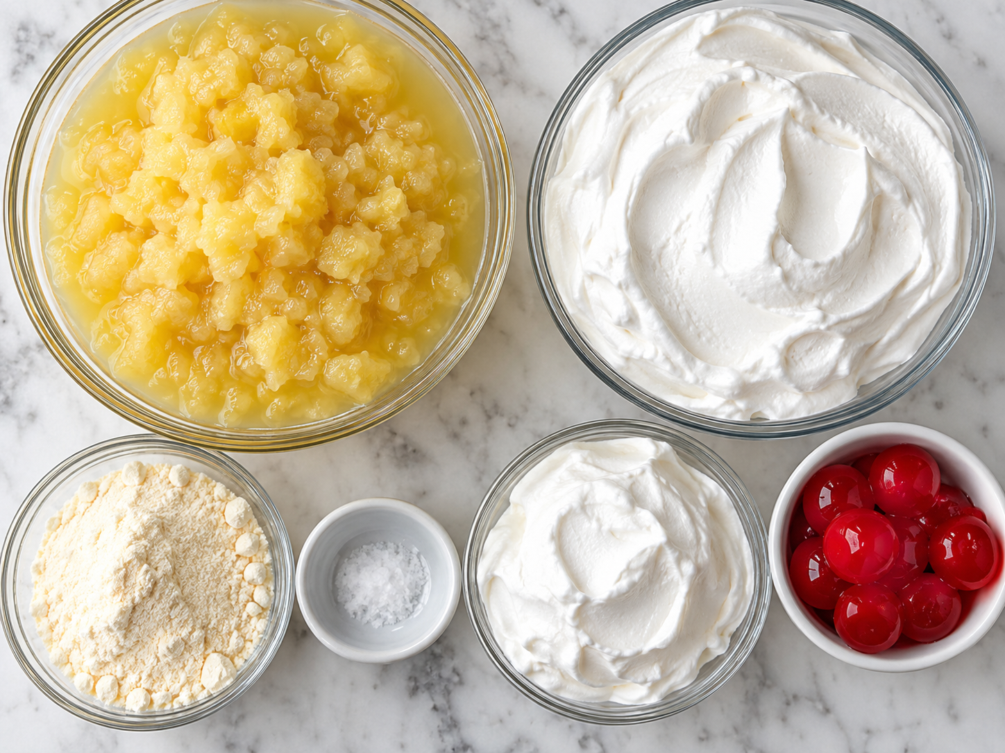 Ingredients for pineapple dessert with pudding mix, whipped topping, and cherries