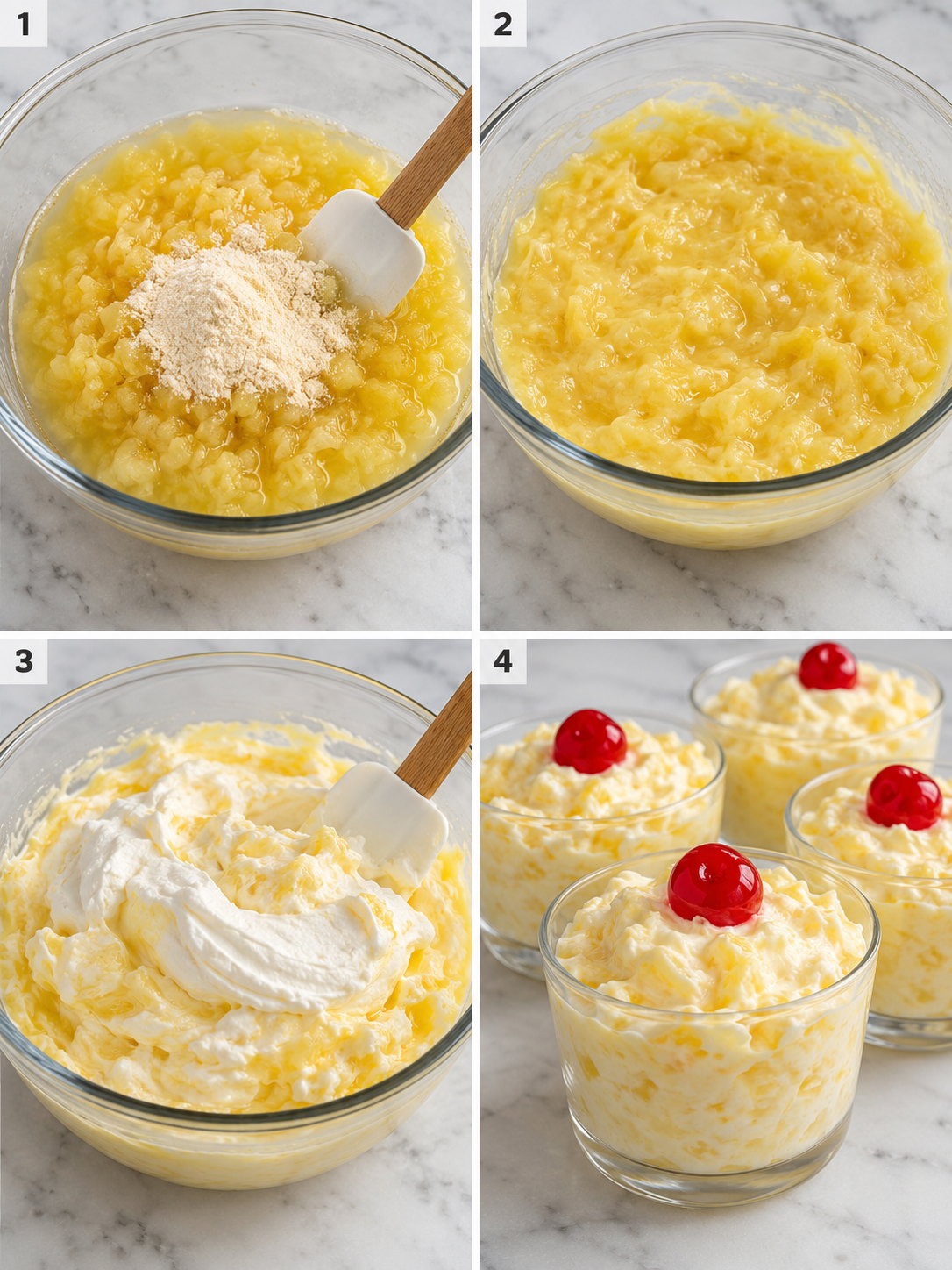 Steps for mixing pineapple pudding dessert and spooning it into cups