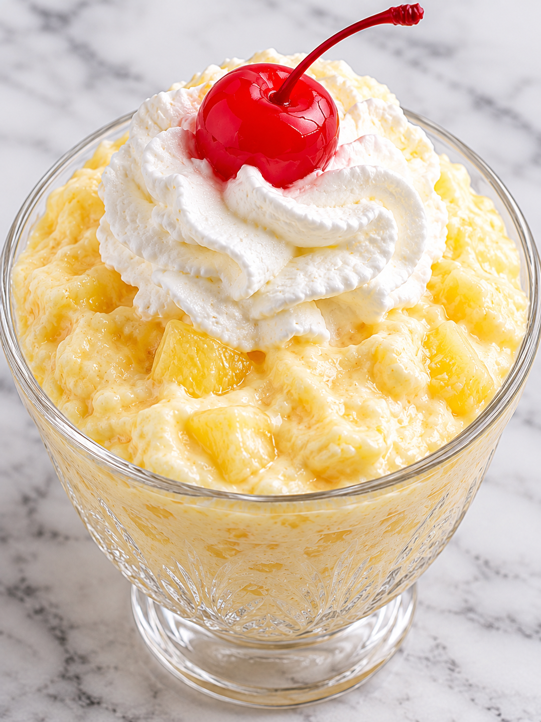 Creamy pineapple dessert cup topped with whipped cream and a cherry