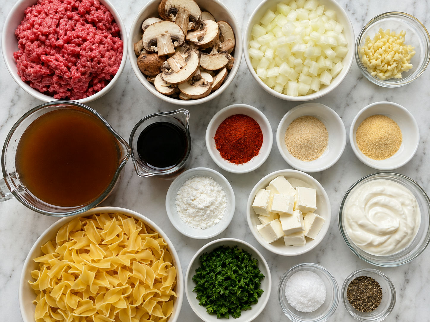 Ingredients for ground beef stroganoff with mushrooms, noodles, and sour cream