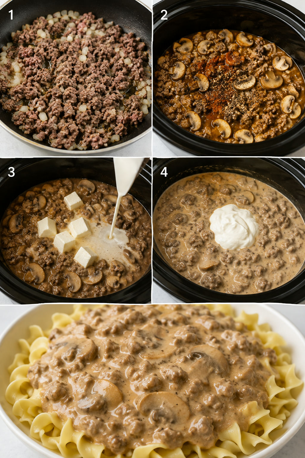Four cooking steps for creamy slow cooker ground beef stroganoff