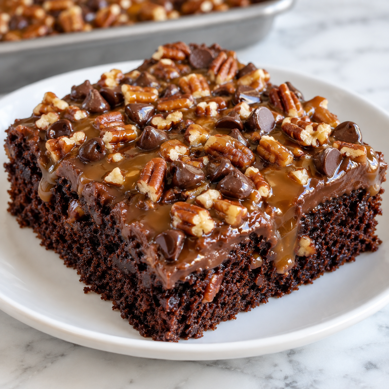 Texas turtle sheet cake square with caramel, pecans, and chocolate chips