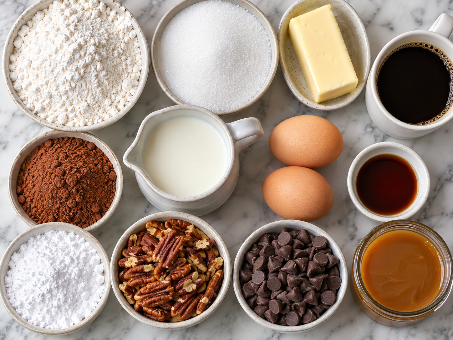 Ingredients for Texas turtle sheet cake with cocoa, pecans, and caramel