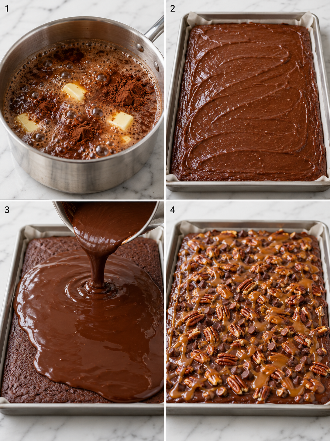 Four steps for making Texas turtle sheet cake with frosting and toppings