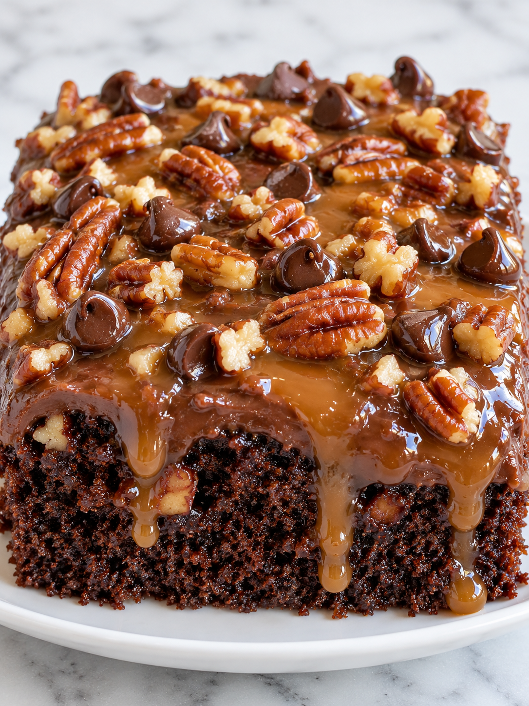Texas turtle sheet cake slice with glossy caramel and toasted pecans