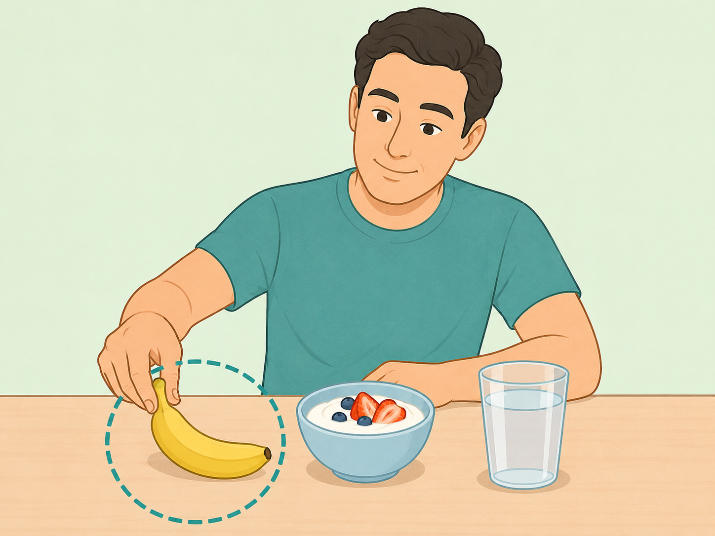Illustration of a man choosing one banana as a balanced evening snack.
