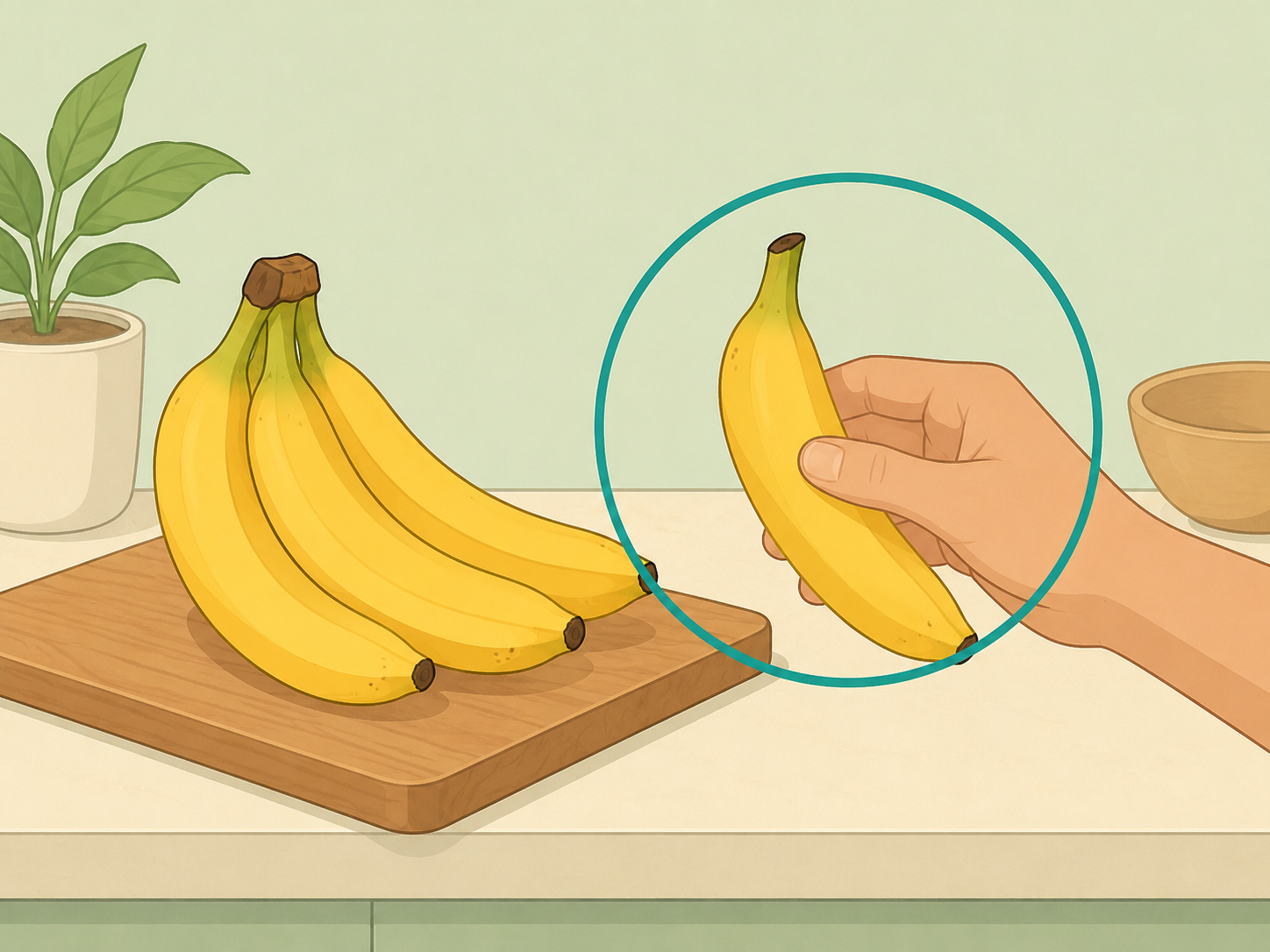 Hand choosing one banana instead of several for an evening snack.