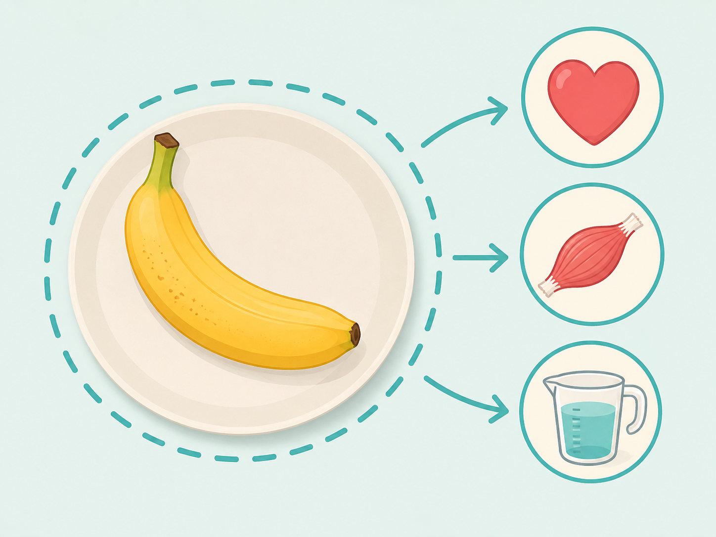 Banana portion shown with simple nutrition symbols for potassium and carbohydrates.