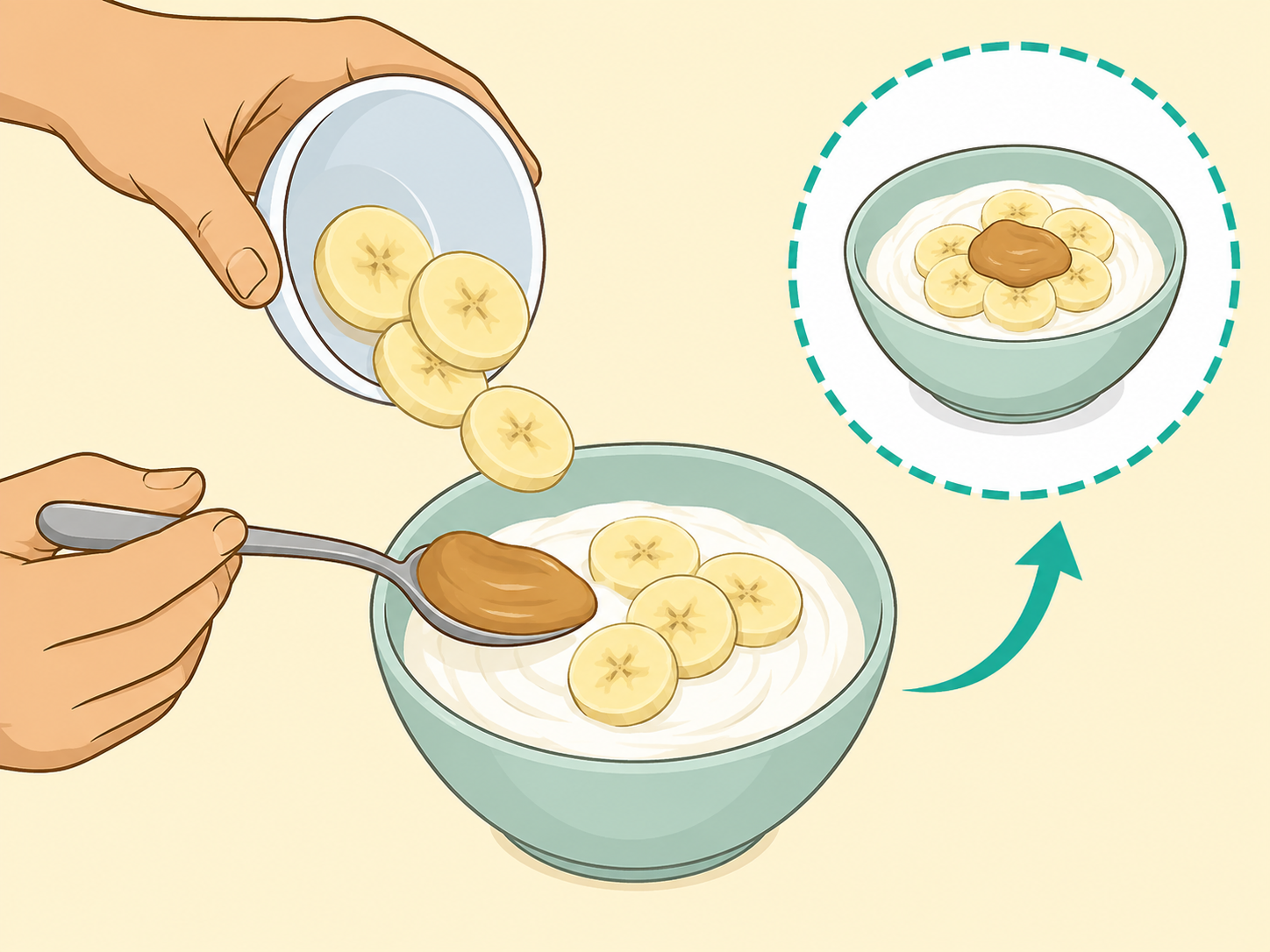 Banana slices paired with yogurt and nut butter for a balanced snack.