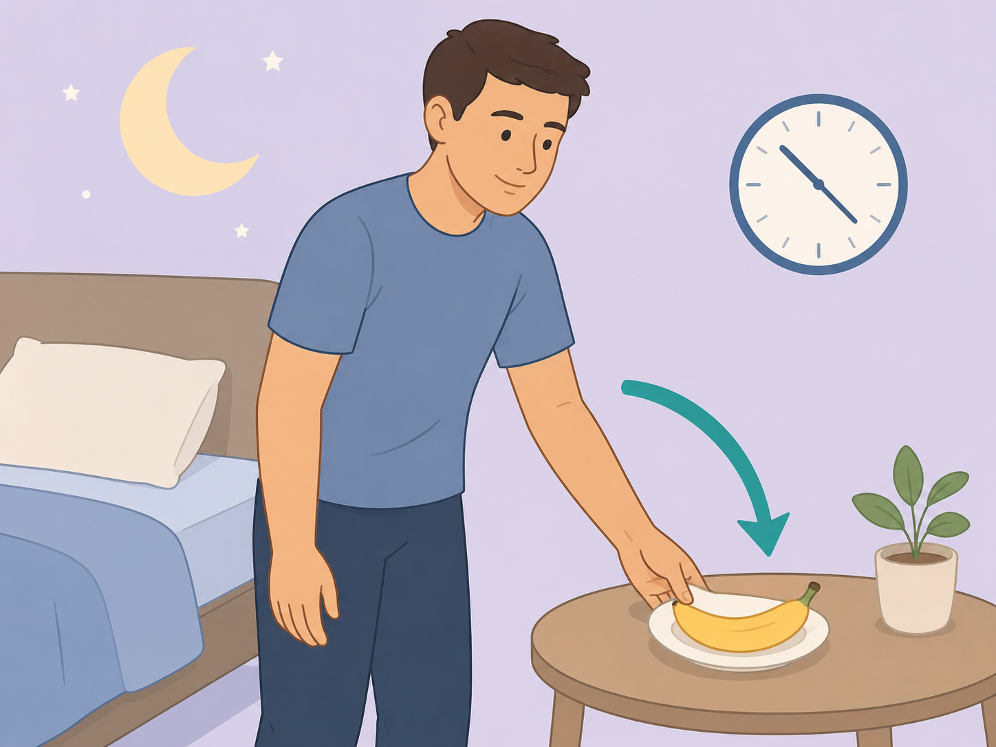 Person eating a banana snack earlier in the evening rather than right before bed.