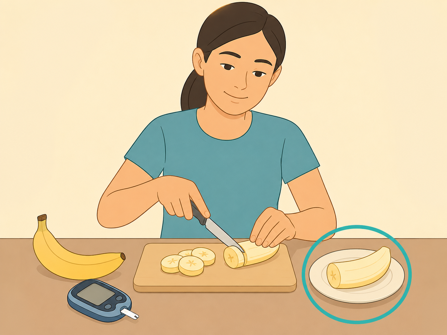 Person with a glucose meter choosing a smaller banana portion.