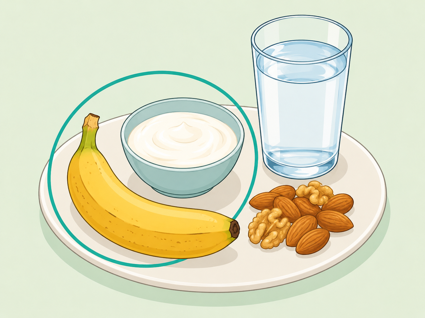 A balanced snack plate showing a banana paired with yogurt and nuts.