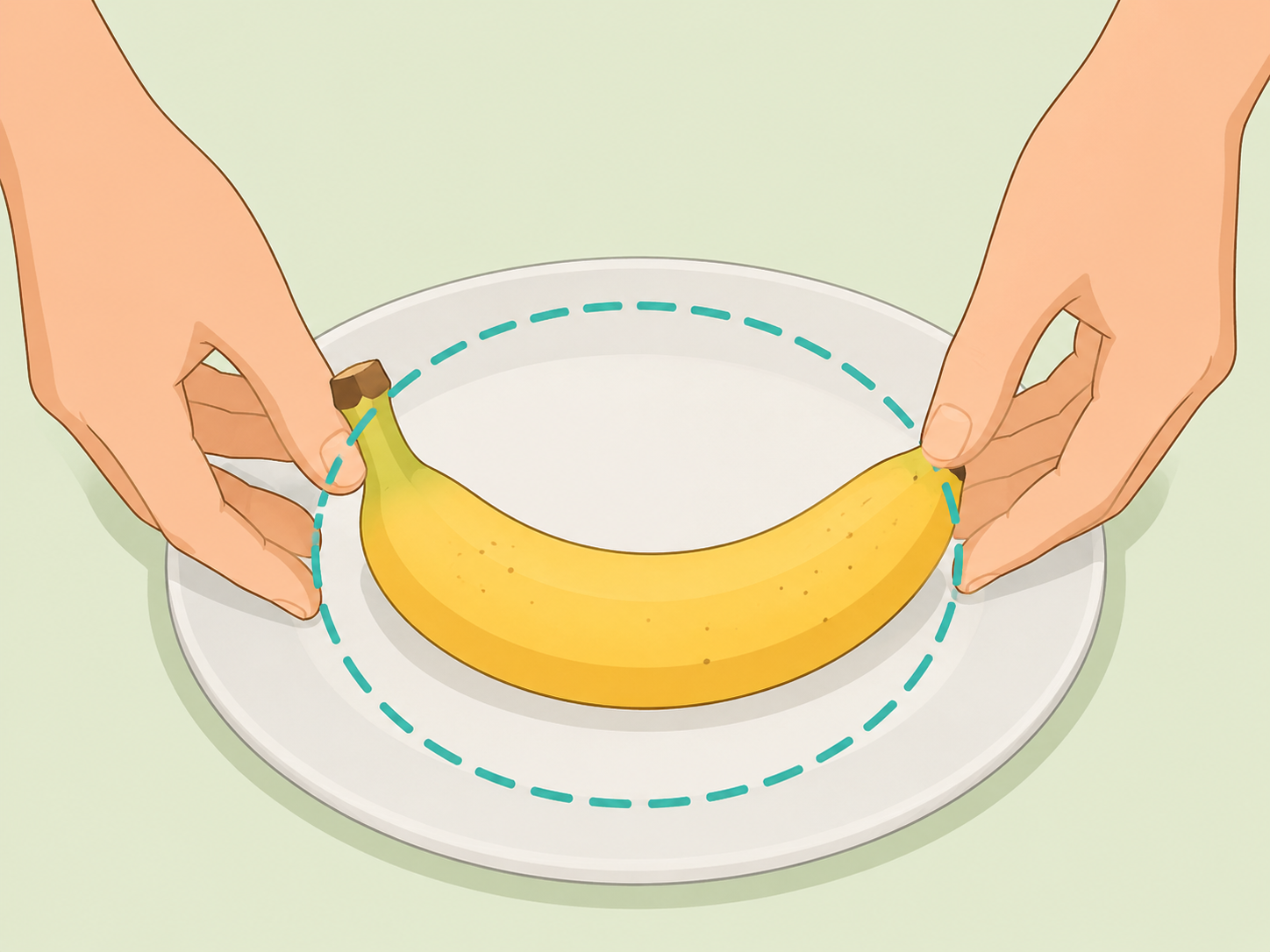 Hands placing one medium banana on a plate as a serving.