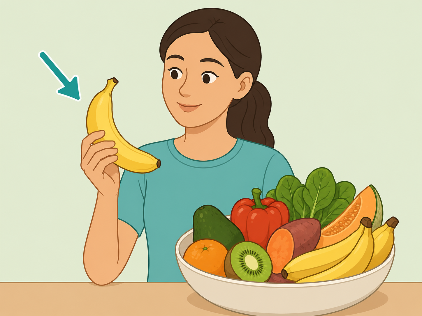 A person using a banana as one potassium-containing food choice.