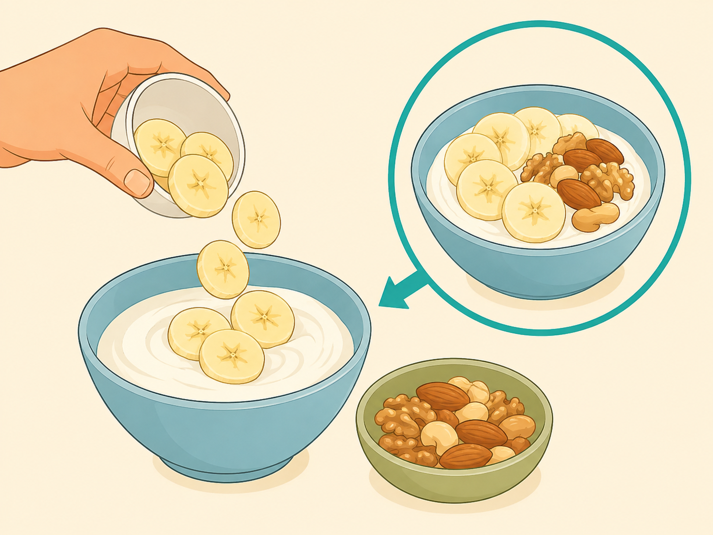 Banana slices paired with yogurt and nuts.