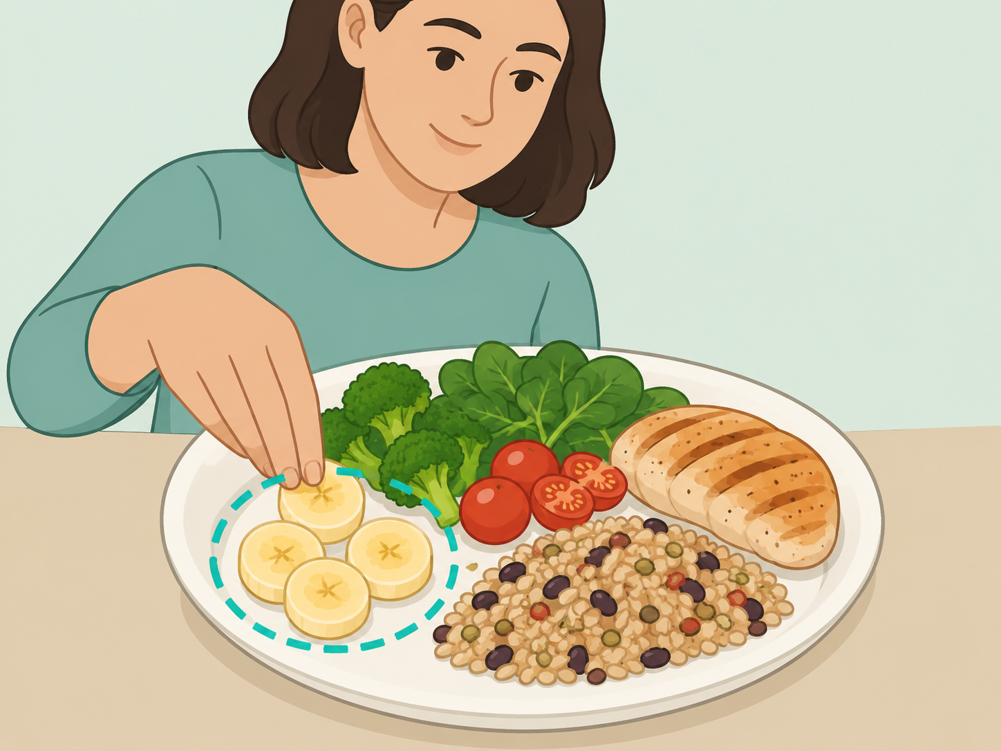 A modest banana portion arranged as part of a balanced meal plate.