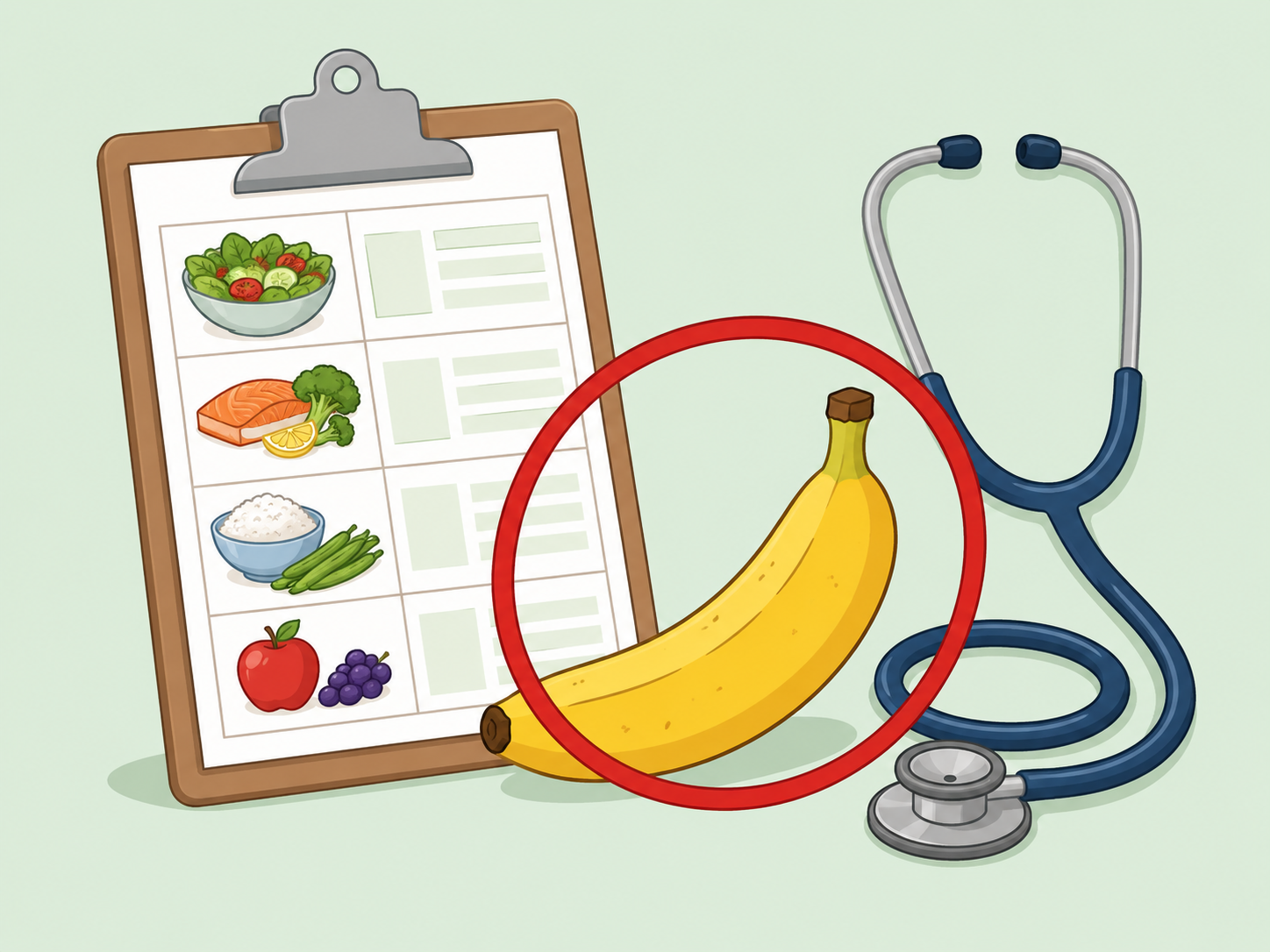 A banana highlighted with a caution marker beside a medical diet plan.