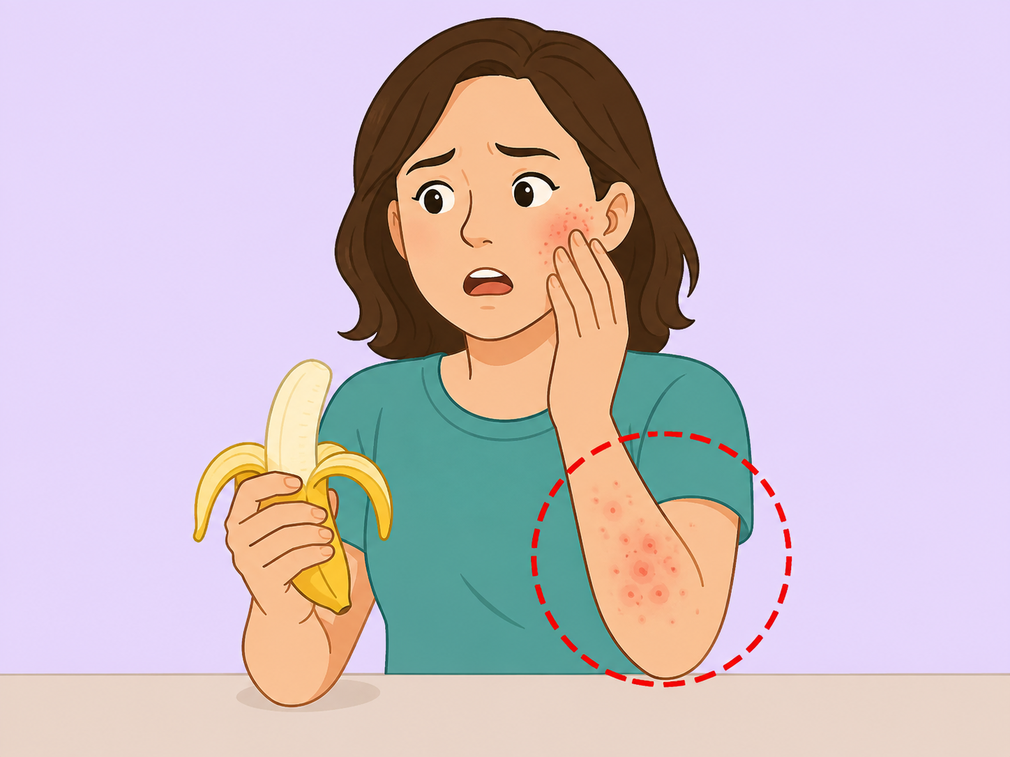 A person noticing possible allergy symptoms after eating a banana.