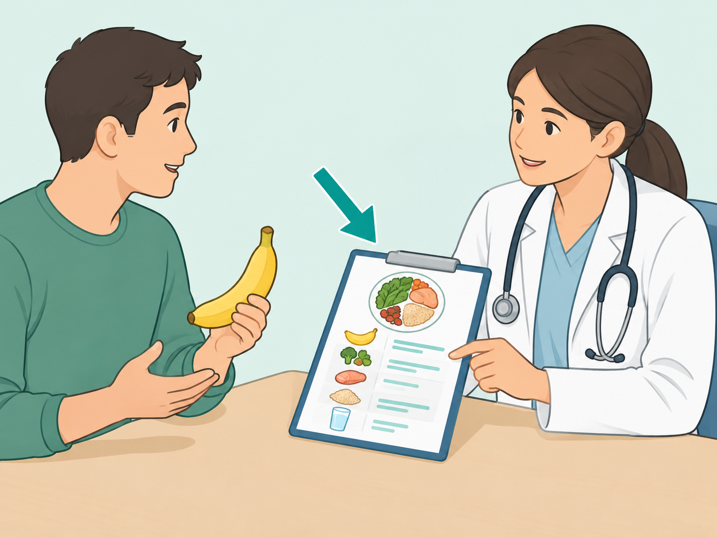 A person asking a healthcare professional about bananas in their diet.