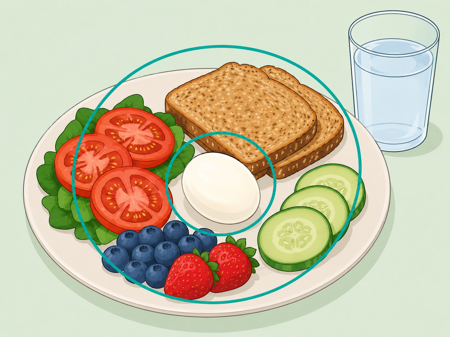 Illustration of a balanced breakfast plate with a boiled egg, toast, fruit, and vegetables.