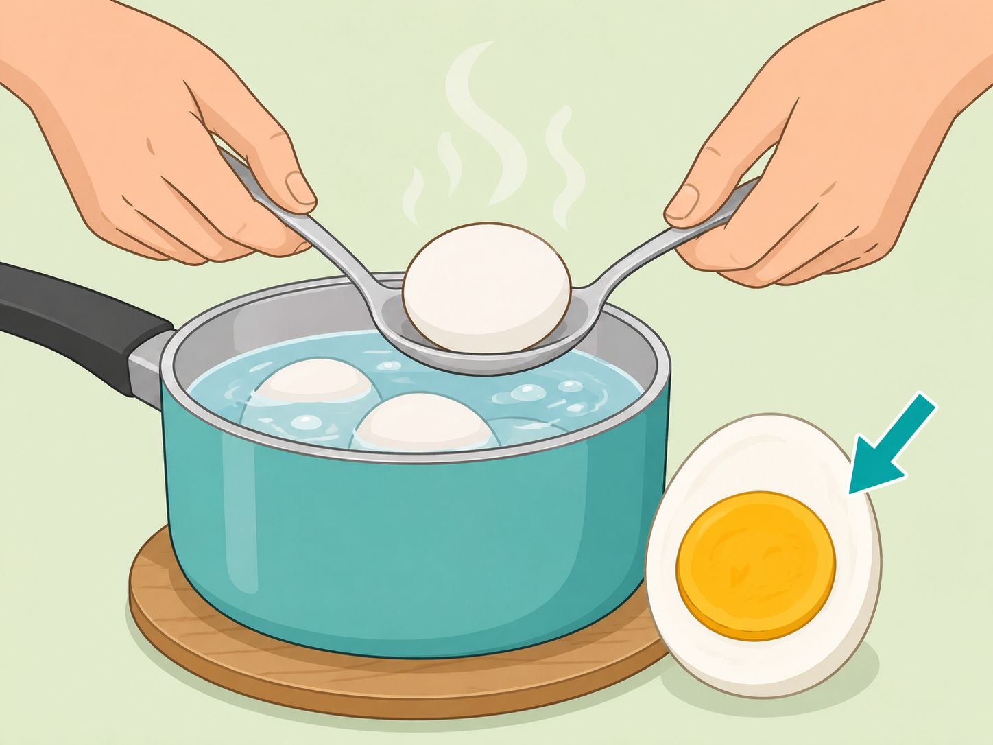 Boiling an egg until the yolk and white are firm.