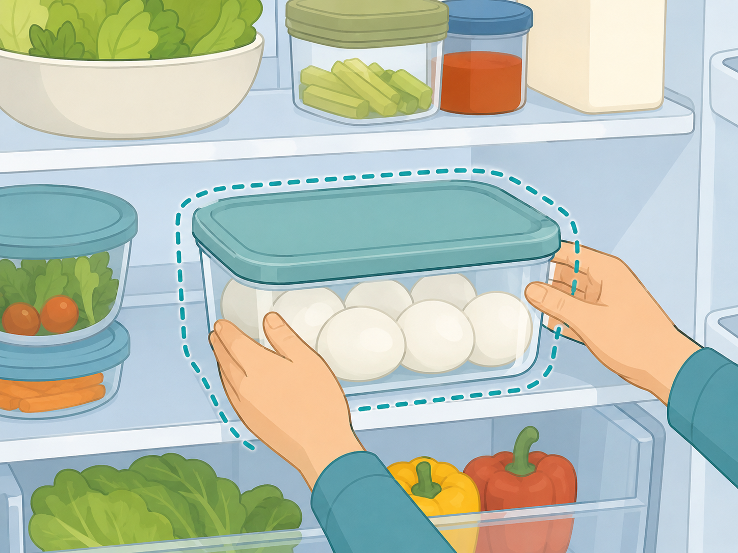 Boiled eggs stored safely in a covered container in the refrigerator.