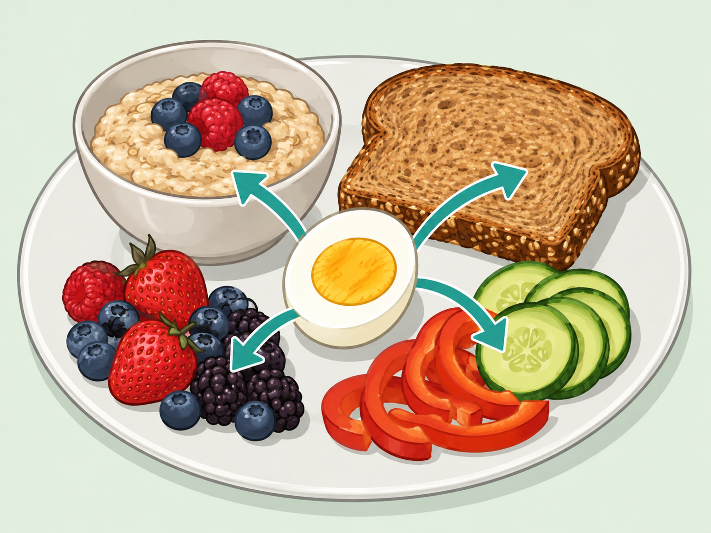 A boiled egg paired with whole grains, fruit, and vegetables.