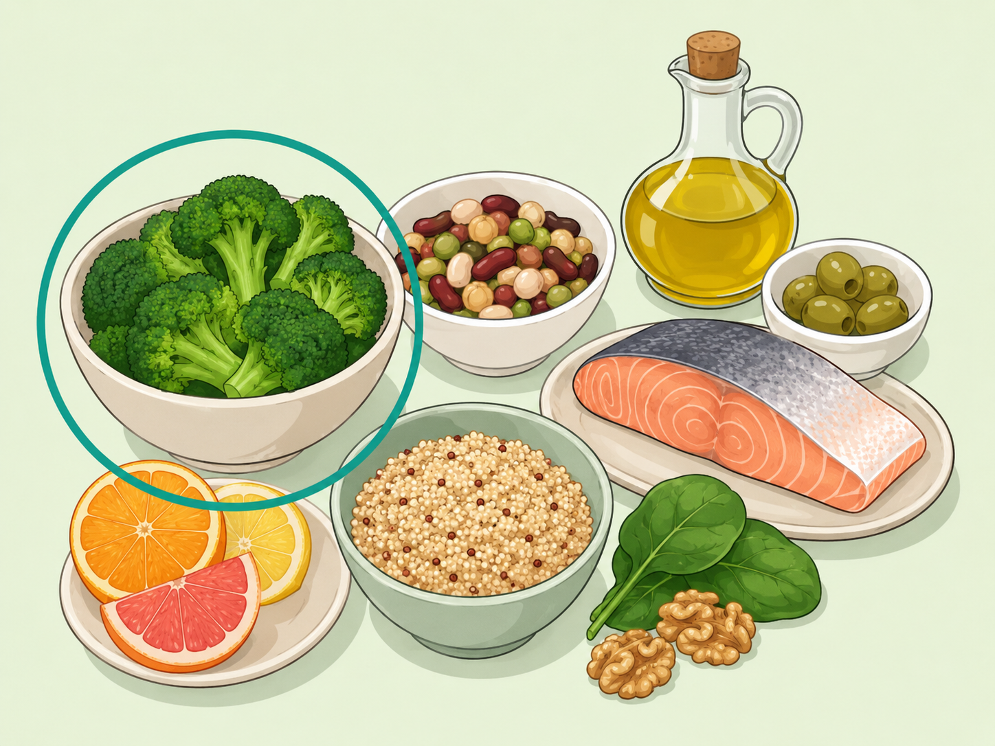 Illustration of broccoli as part of a balanced skin-friendly meal.